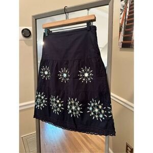 LOFT Petite 0P Black A-Line Skirt Floral Embroidered Boho Chic Cotton Skirt